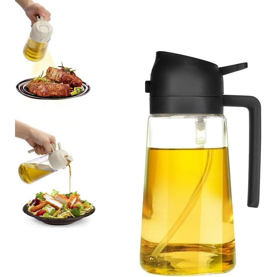 Recipient Ulei 2 în 1, Dozator cu Funcție Spray și Turnare Controlată, Sistem Anti-Scurgere, Sticlă și Plastic, 470 ml, Negru