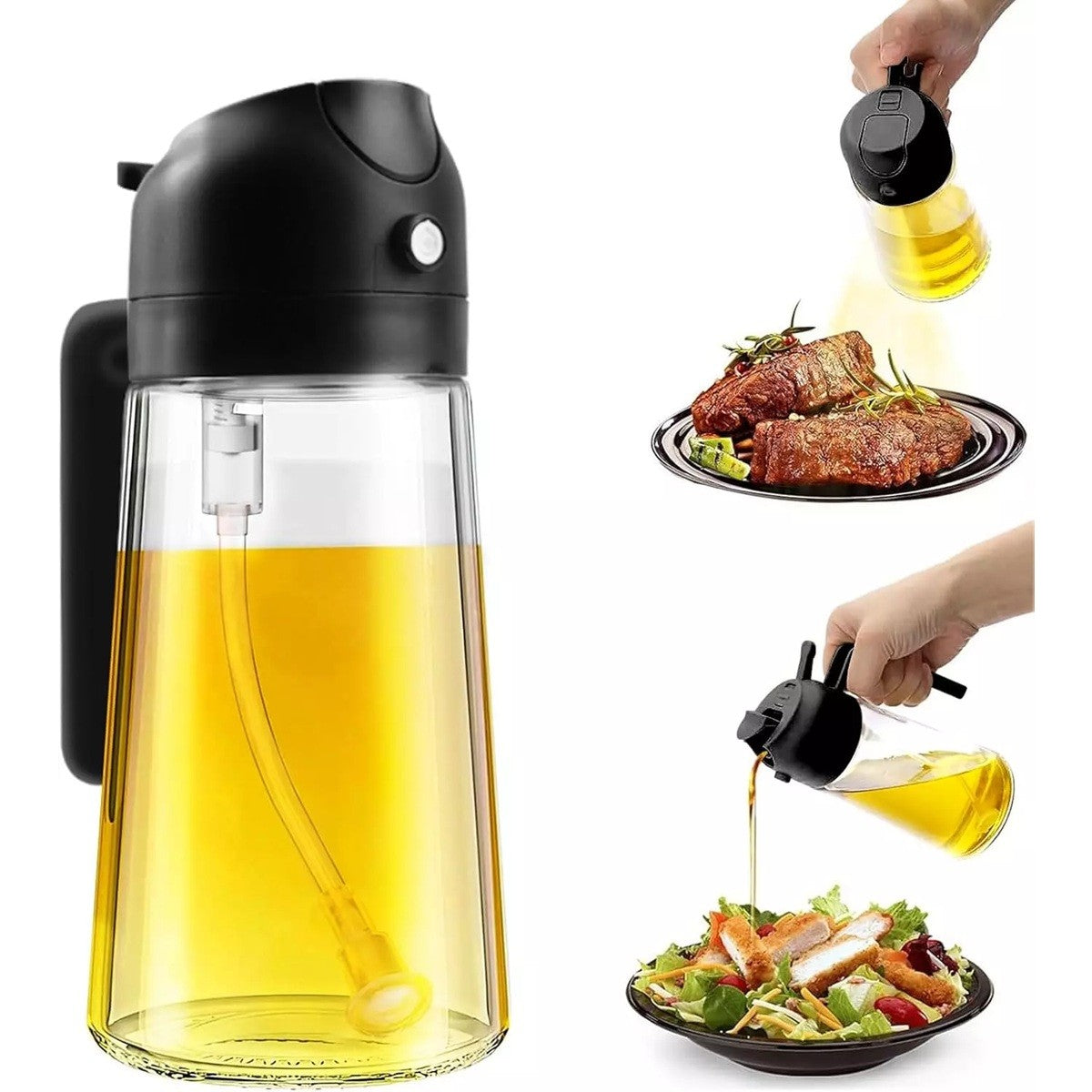 Recipient Ulei 2 în 1, Dozator cu Funcție Spray și Turnare Controlată, Sistem Anti-Scurgere, Sticlă și Plastic, 470 ml, Negru