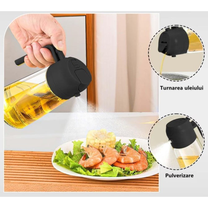 Recipient Ulei 2 în 1, Dozator cu Funcție Spray și Turnare Controlată, Sistem Anti-Scurgere, Sticlă și Plastic, 470 ml, Negru