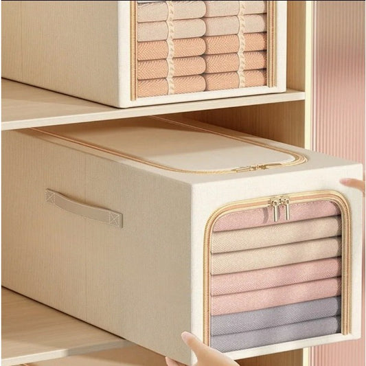 Cutie Depozitare Haine si Jucarii, Organizator Pliabil cu Fereastra Transparenta si Fermoar, Cadru din Otel, Bumbac si In, 56L, 53 x 35 x 30 cm, Kaki