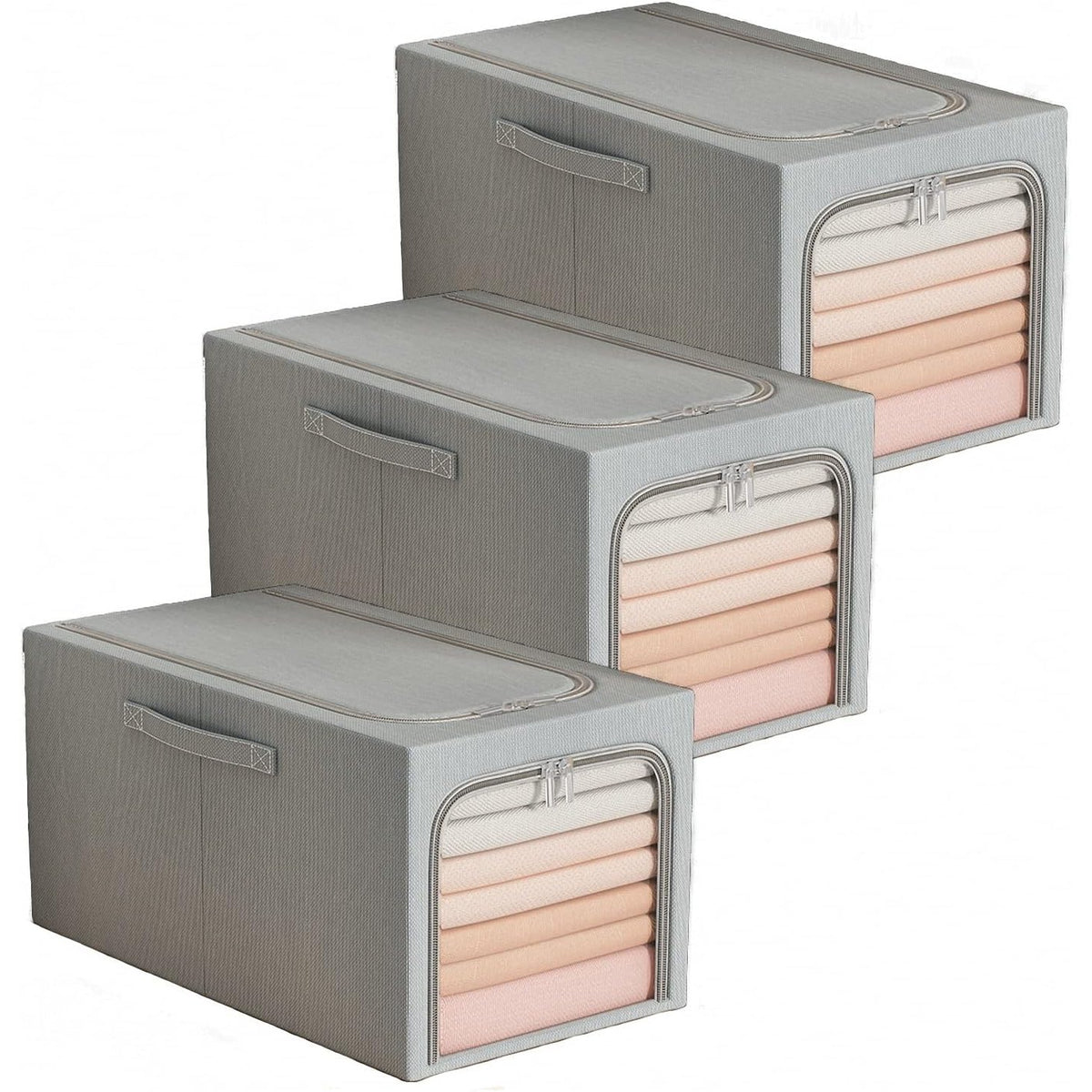 Cutie de Depozitare Pliabila cu Fereastra si Fermoar, Organizator Haine si Jucarii, Stivuibila, Cadru din Otel, Material In si Bumbac, 49L, 47 x 35 x 30 cm, Albastru Fumuriu
