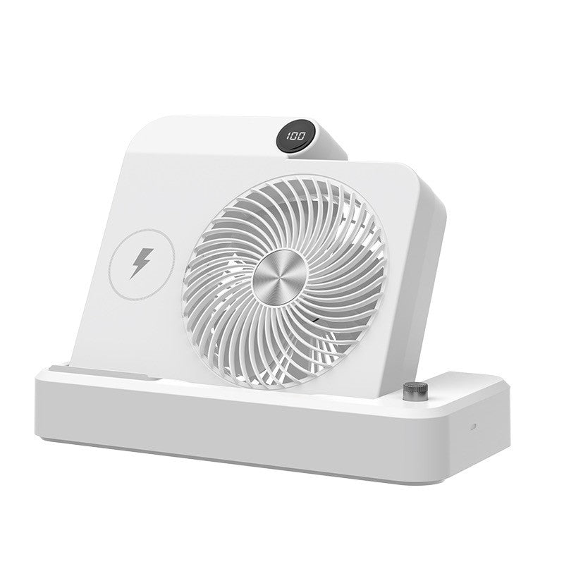 Ventilator Portabil 2 in 1 cu Incarcare Telefon Wireless, 100 Trepte de Viteza, Afisaj Digital, Acumulator 2400 mAh, Silentios, USB-C, Plastic, 25 x 16.5 x 24 cm, Alb