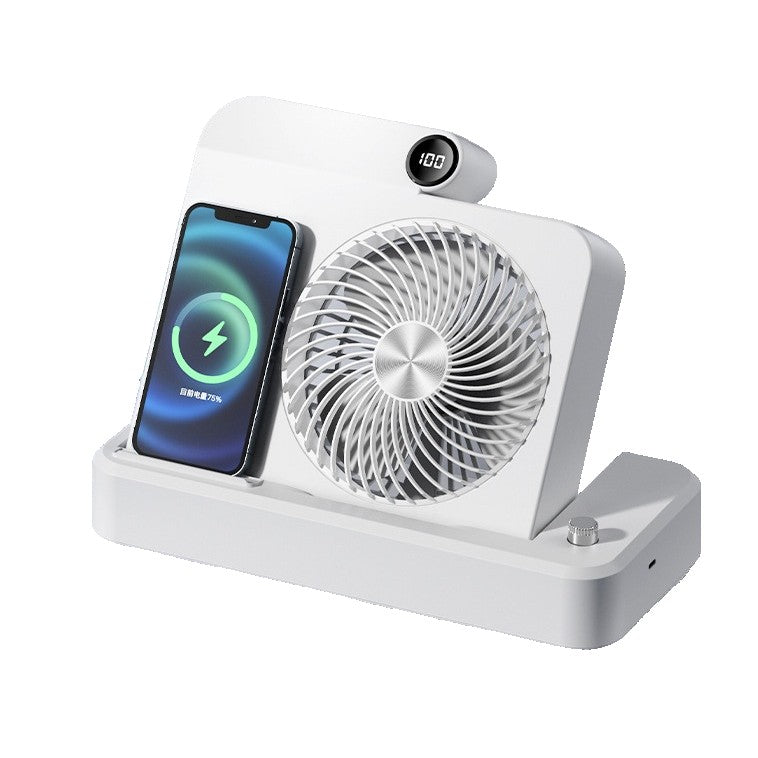 Ventilator Portabil 2 in 1 cu Incarcare Telefon Wireless, 100 Trepte de Viteza, Afisaj Digital, Acumulator 2400 mAh, Silentios, USB-C, Plastic, 25 x 16.5 x 24 cm, Alb