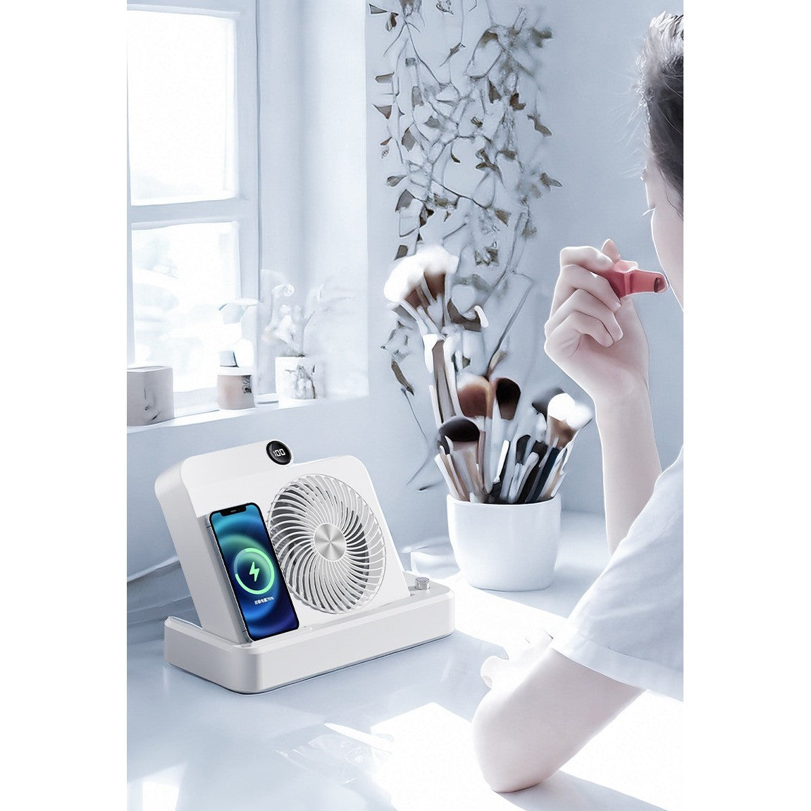 Ventilator Portabil 2 in 1 cu Incarcare Telefon Wireless, 100 Trepte de Viteza, Afisaj Digital, Acumulator 2400 mAh, Silentios, USB-C, Plastic, 25 x 16.5 x 24 cm, Alb
