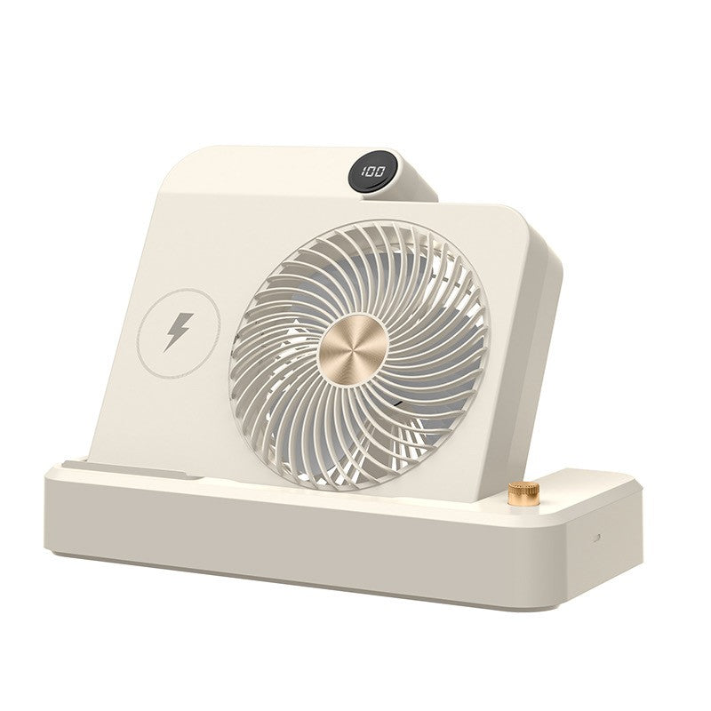 Ventilator Portabil 2 in 1 cu Incarcare Telefon Wireless, 100 Trepte de Viteza, Afisaj Digital si Baterie 2400 mAh, Plastic, 25 x 16.5 x 24 cm, Bej