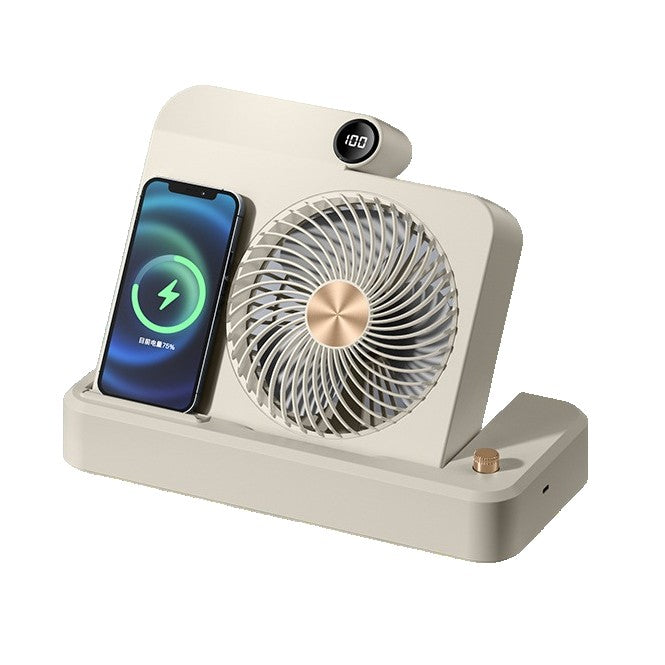 Ventilator Portabil 2 in 1 cu Incarcare Telefon Wireless, 100 Trepte de Viteza, Afisaj Digital si Baterie 2400 mAh, Plastic, 25 x 16.5 x 24 cm, Bej