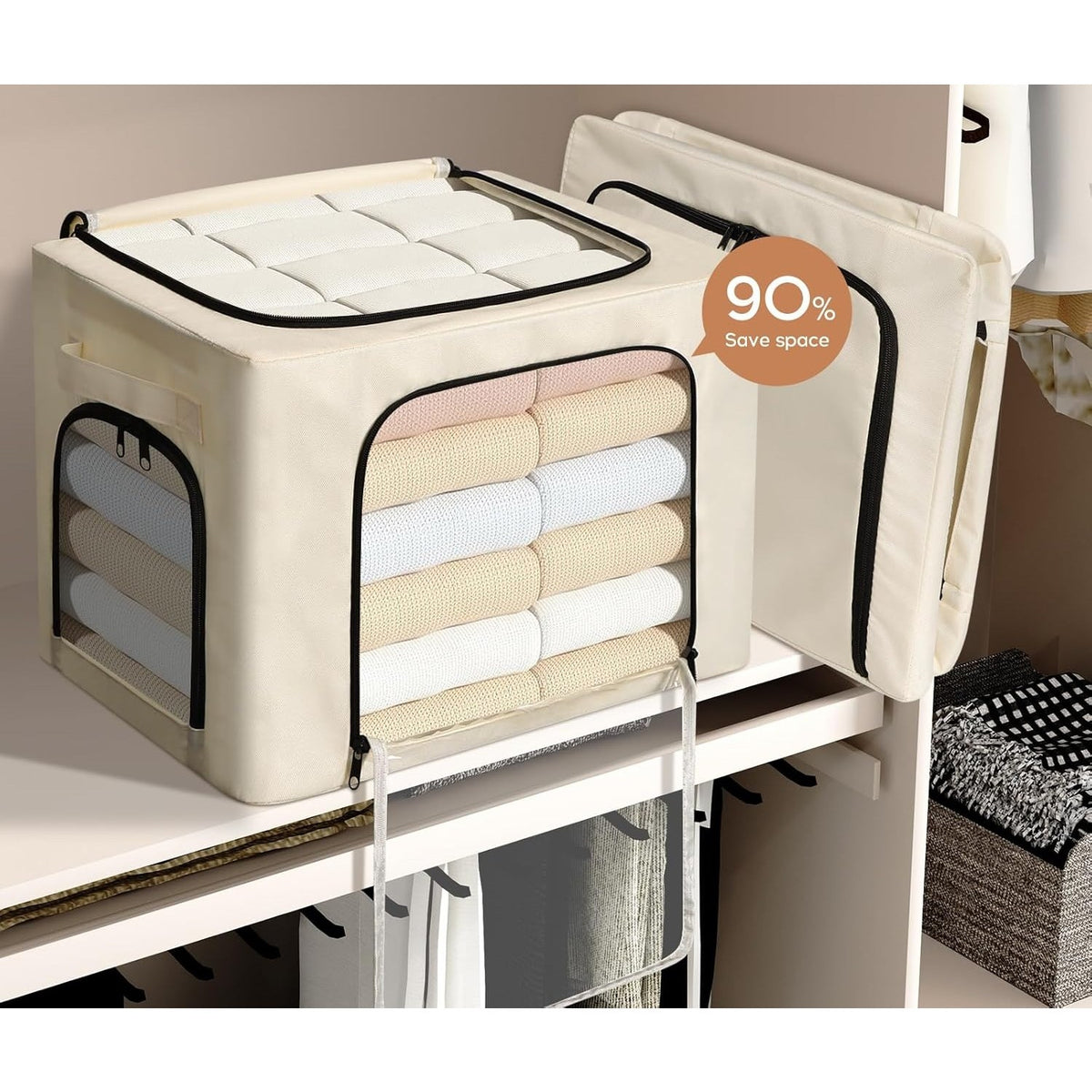 Cutie de Depozitare pentru Haine si Textile, Cadru din Otel Stivuibil, 3 Ferestre cu Fermoar Bidirectional, Material Oxford Impermeabil, 38L, 42 x 30 x 30 cm, Bej