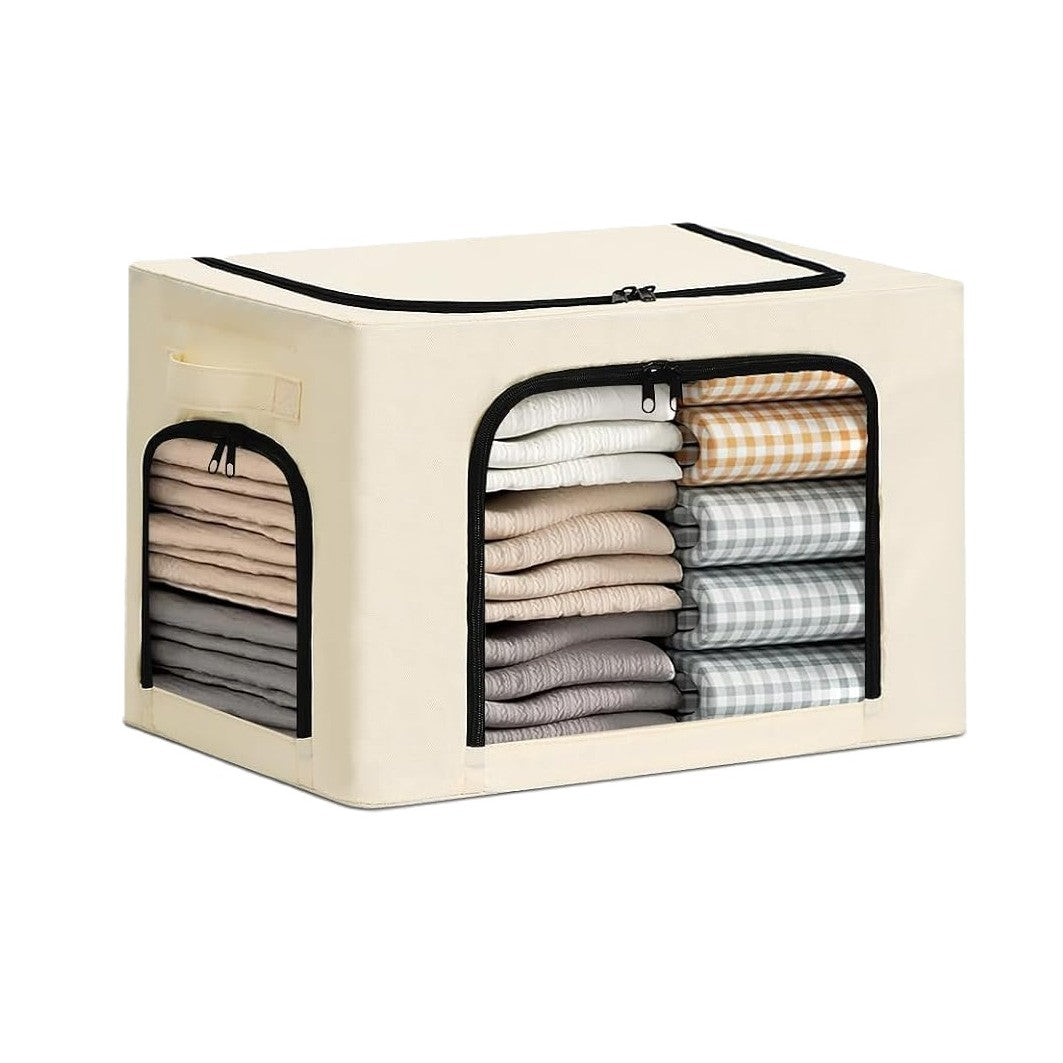 Cutie de Depozitare pentru Haine si Textile, Cadru din Otel Stivuibil, 3 Ferestre cu Fermoar Bidirectional, Material Oxford Impermeabil, 38L, 42 x 30 x 30 cm, Bej