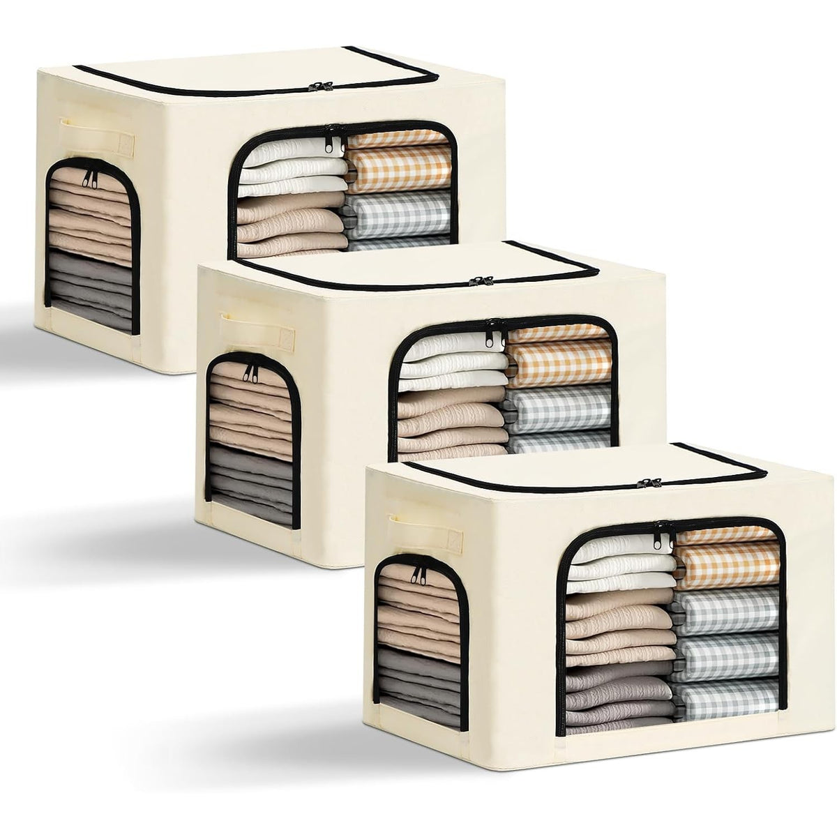 Cutie de Depozitare pentru Haine si Textile, Cadru din Otel Stivuibil, 3 Ferestre cu Fermoar Bidirectional, Material Oxford Impermeabil, 38L, 42 x 30 x 30 cm, Bej