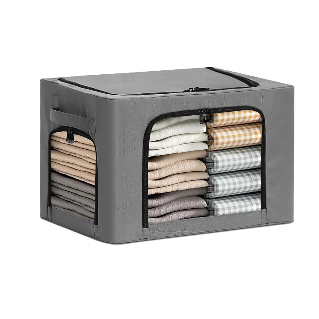 Cutie de Depozitare pentru Haine si Textile, Cadru din Otel Stivuibil cu 3 Ferestre si Fermoar, Material Impermeabil Oxford, 38L, 42 x 30 x 30 cm, Gri Inchis
