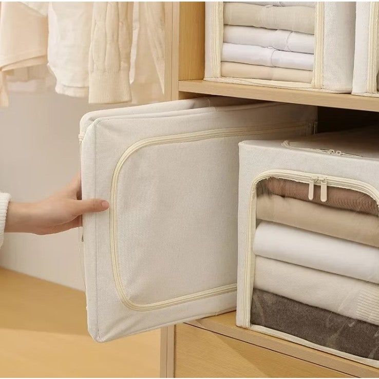 Cutie Depozitare Haine si Jucarii, Organizator Pliabil cu Cadru Otel si Fereastra, Bumbac si In, 49L, 47 x 35 x 30 cm, Kaki