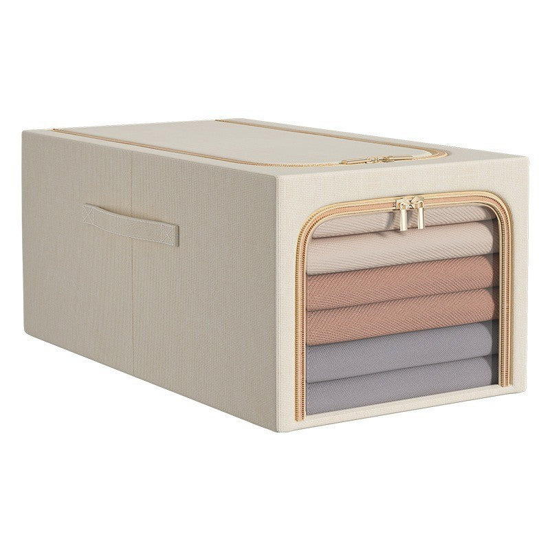 Cutie Depozitare Haine si Jucarii, Organizator Pliabil cu Cadru Otel si Fereastra, Bumbac si In, 49L, 47 x 35 x 30 cm, Kaki