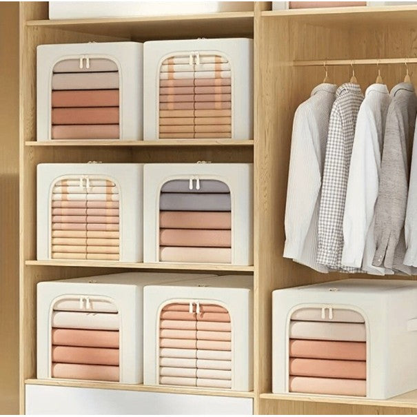 Cutie de Depozitare Pliabila cu Cadru din Otel si Fereastra Transparenta, Organizator Haine si Jucarii, Textil din In si Bumbac, 31L, 45 x 30 x 23 cm, Kaki