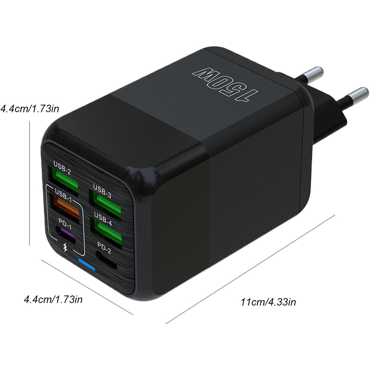 Incarcator Retea Multifunctional, 150W, 6 Porturi (2 x USB-C PD + 4 x USB-A), Incarcare Rapida Fast Charge, Adaptor Universal cu Indicator LED, Plastic Rezistent, 4.4 x 4.4 x 11 cm, Negru