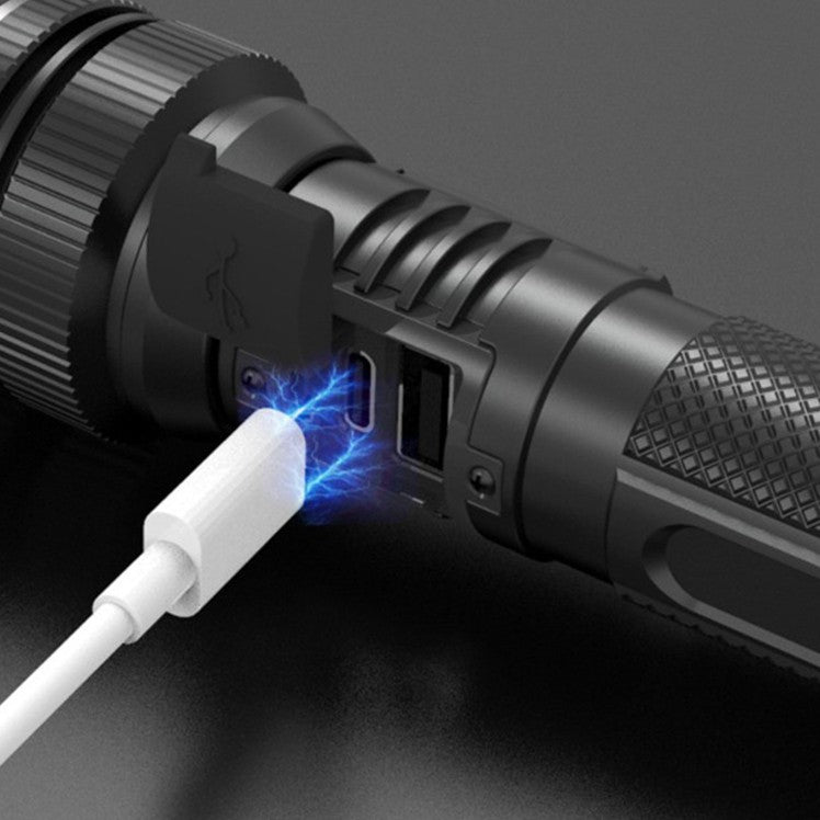 Lanterna Profesionala LED cu Zoom Telescopic, Functie Power Bank si Incarcare USB-C, 3 Moduri Iluminare, Aluminiu si ABS, 1800 mAh, 17 x 4 x 3 cm, Negru