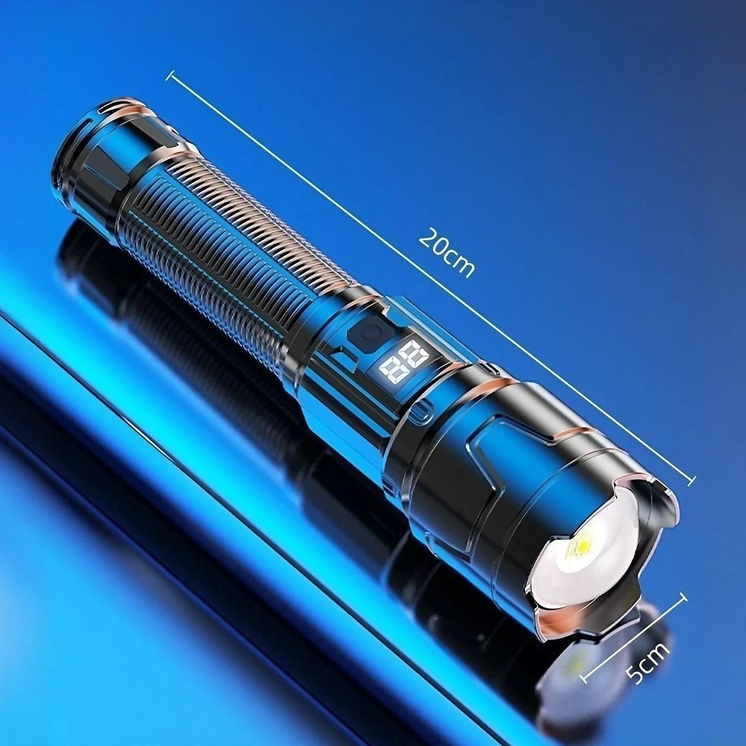 Lanternă LED P50 Profesională cu Zoom Telescopic, Afișaj Digital al Bateriei, Bază Magnetică, Reîncărcabilă USB, Model 117, Negru