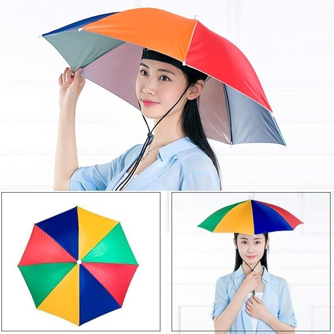 Umbrela De Cap Pentru Pescuit Si Drumetii, Protectie UV Si Ploaie, Cadru Otel Rezistent, Snur Reglabil, 69 cm, Multicolor Curcubeu