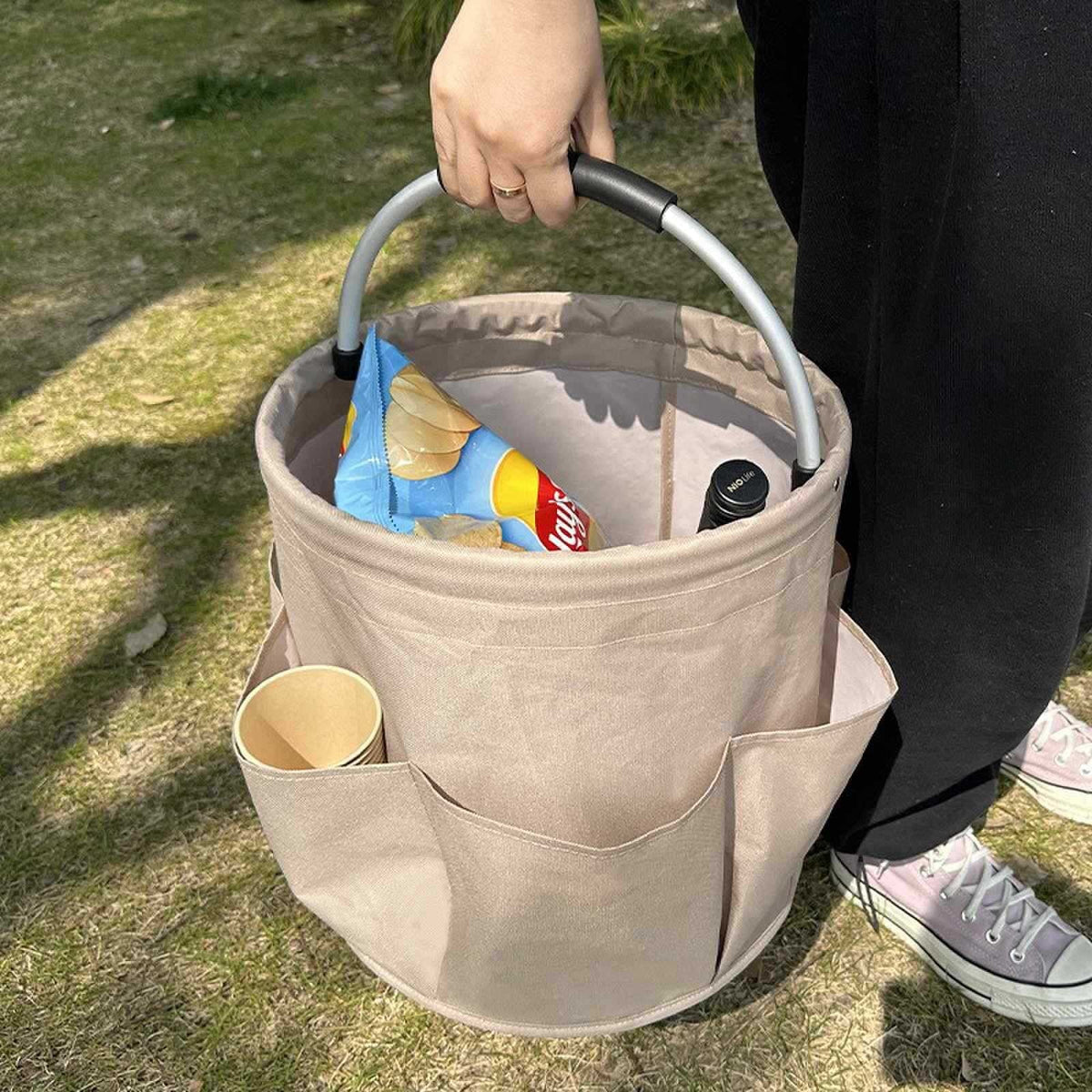 Geanta Cos Universal pentru Scule si Picnic, Organizator Pliabil cu Buzunare Exterioare si Maner Metalic, Material Oxford 600D Rezistent, 17L, 28 x 28 x 28 cm, Negru