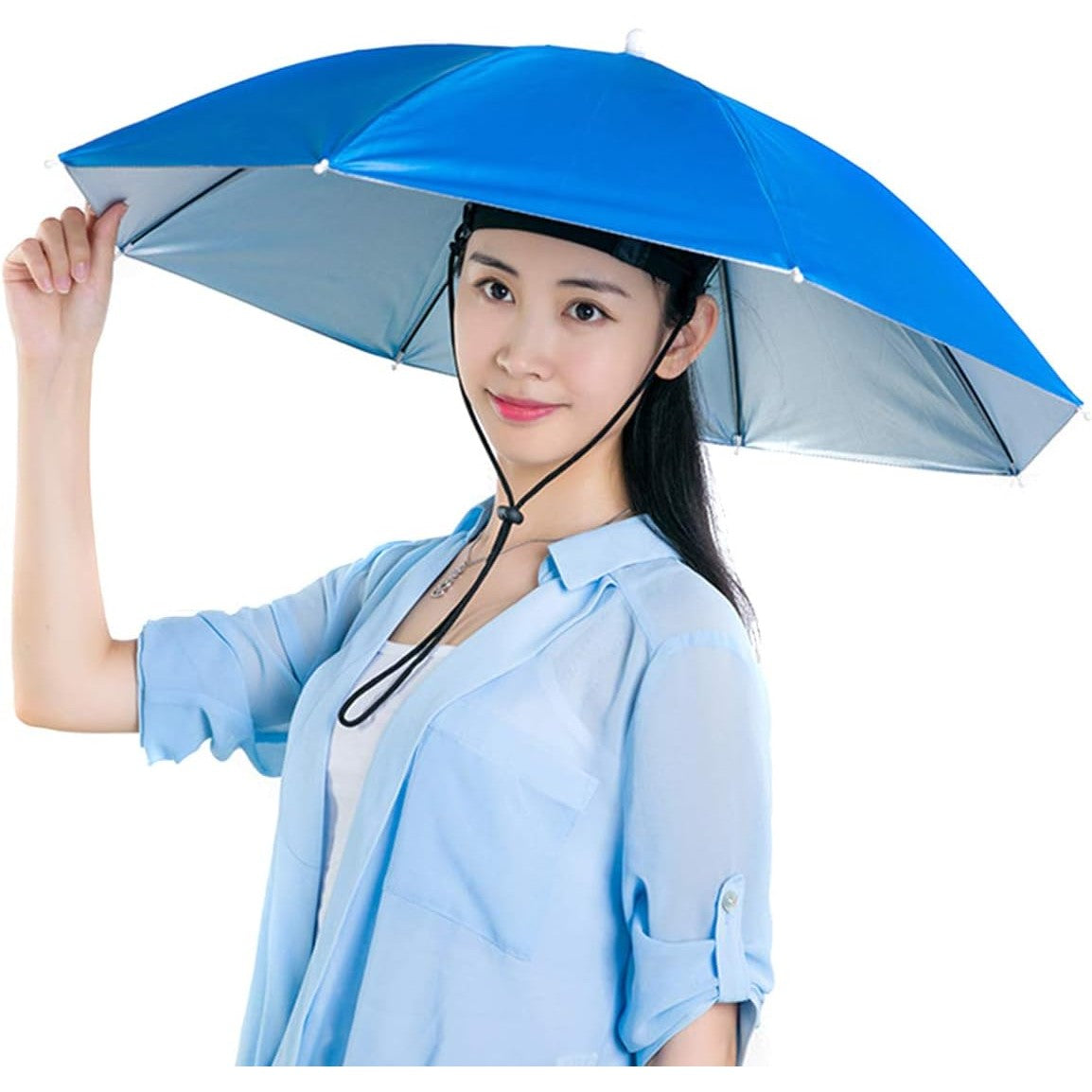 Umbrela de Cap pentru Pescuit si Activitati Outdoor, Protectie UV si Ploaie, Banda Elastica Reglabila, Cadru Otel, Tesatura Vinil, Diametru 69 cm, Albastru