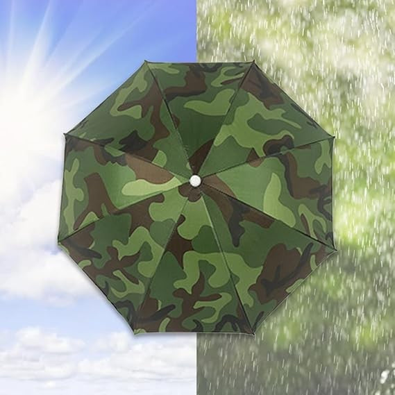 Umbrela de Cap pentru Pescuit si Drumetii, Protectie UV si Ploaie, Cadru Otel cu 8 Spite, Material Vinil, Snur Reglabil, Diametru 69 cm, Camuflaj