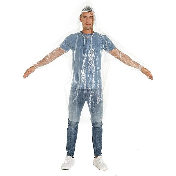Pelerină de Ploaie pentru Adulți, Tip Poncho Impermeabil cu Glugă și Șnur, Material Plastic de Unică Folosință, 150 x 90 cm, 30 g, Transparent
