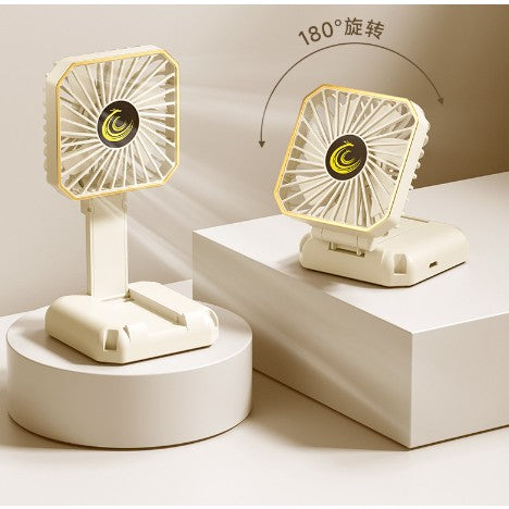 Ventilator Portabil 3-In-1, Mini Ventilator de Gat si Birou, Pliabil 180 Grade cu Suport Telefon, Incarcare USB, ABS, 3 Viteze, Bej