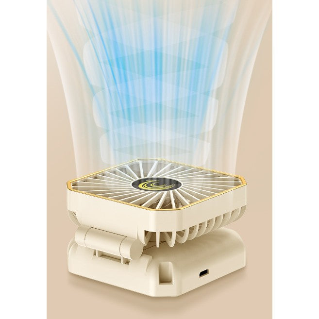 Ventilator Portabil 3-In-1, Mini Ventilator de Gat si Birou, Pliabil 180 Grade cu Suport Telefon, Incarcare USB, ABS, 3 Viteze, Bej