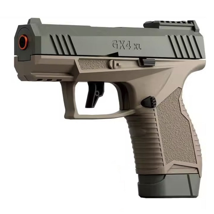Pistol de Jucarie GX4 XL cu Ejectie Cartuse, Mecanism Blowback, Blaster cu 20 Gloante Moi din Spuma si 6 Tuburi, Plastic, 15 x 13 cm, Galben Desert/Maro Bej