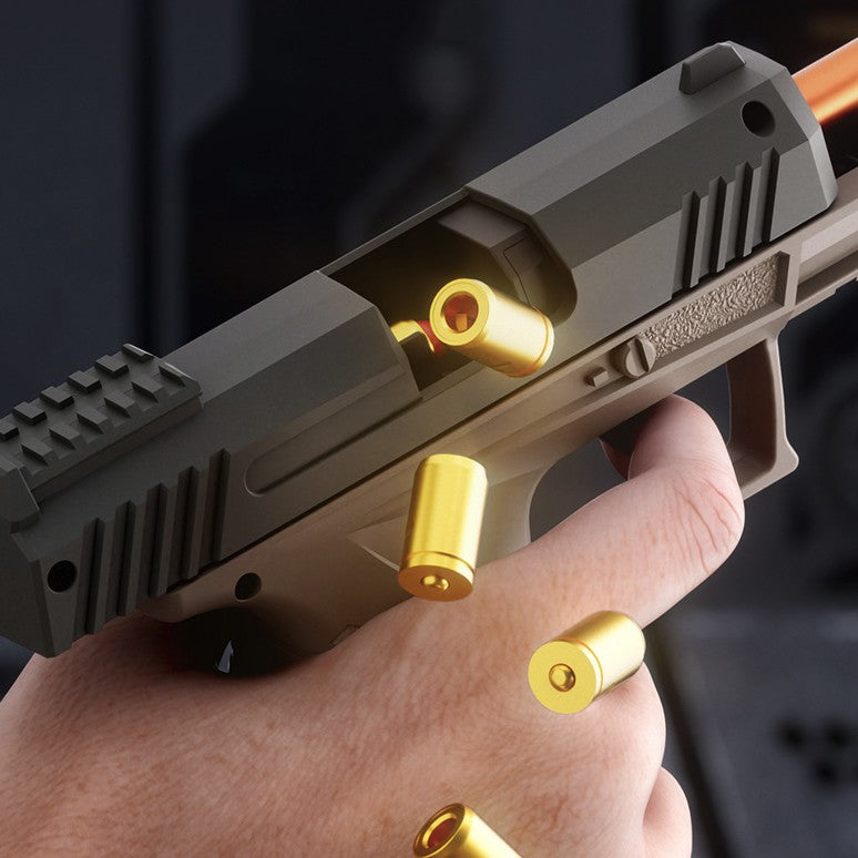 Pistol de Jucarie GX4 XL cu Ejectie Cartuse, Mecanism Blowback, Blaster cu 20 Gloante Moi din Spuma si 6 Tuburi, Plastic, 15 x 13 cm, Galben Desert/Maro Bej