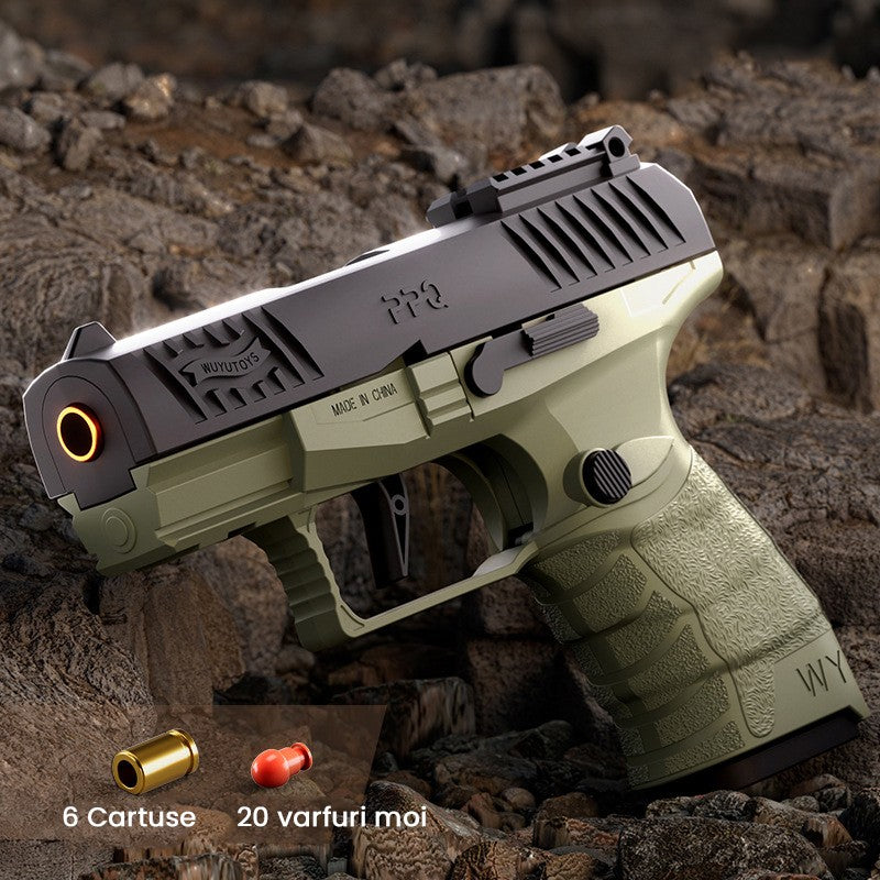 Pistol de Jucarie GX4 XL cu Ejectie Cartuse, Mecanism Blowback si 20 Proiectile din Spuma Moale, Plastic Rezistent, 15 x 13 x 3.5 cm, Verde Desert si Negru