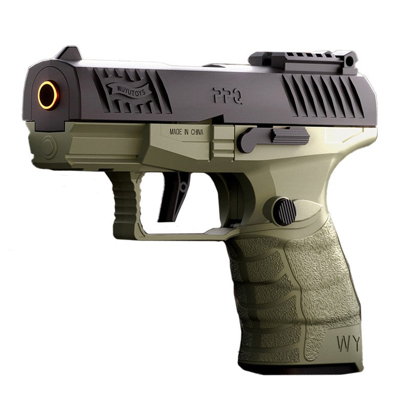 Pistol de Jucarie GX4 XL cu Ejectie Cartuse, Mecanism Blowback si 20 Proiectile din Spuma Moale, Plastic Rezistent, 15 x 13 x 3.5 cm, Verde Desert si Negru