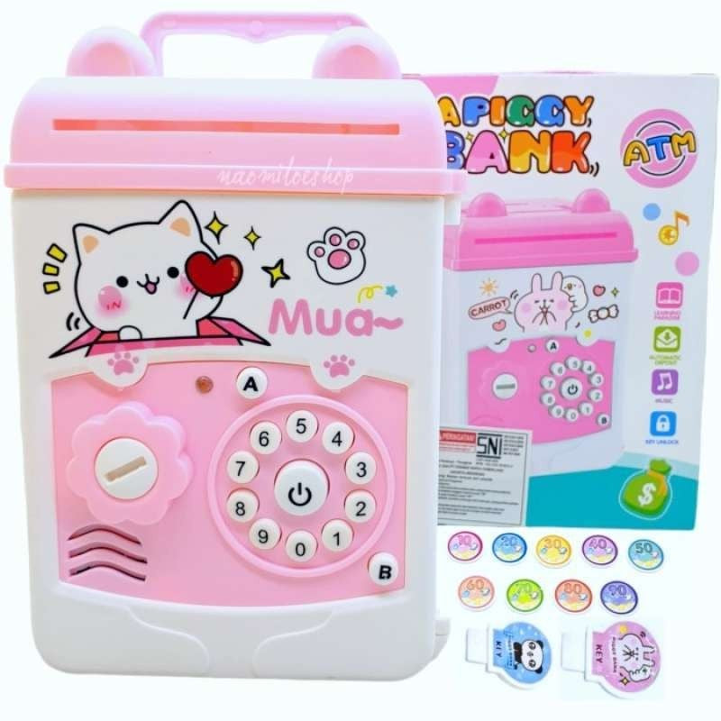 Pusculita Electronica Piggy Box pentru Copii, Seif cu Parola si Depunere Automata, Tip ATM cu Design Pisicuta, Plastic Rezistent, 17 x 11.5 x 10 cm, Alb si Roz