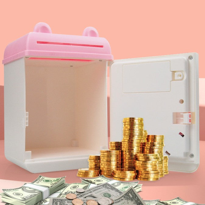 Pusculita Electronica Piggy Box pentru Copii, Seif cu Parola si Depunere Automata, Tip ATM cu Design Pisicuta, Plastic Rezistent, 17 x 11.5 x 10 cm, Alb si Roz