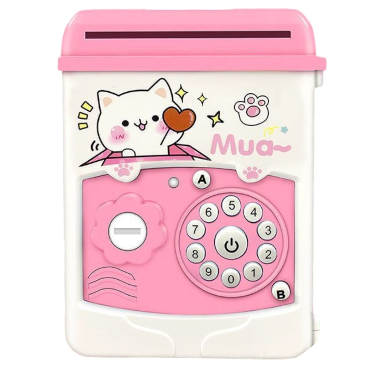 Pusculita Electronica Piggy Box pentru Copii, Seif cu Parola si Depunere Automata, Tip ATM cu Design Pisicuta, Plastic Rezistent, 17 x 11.5 x 10 cm, Alb si Roz