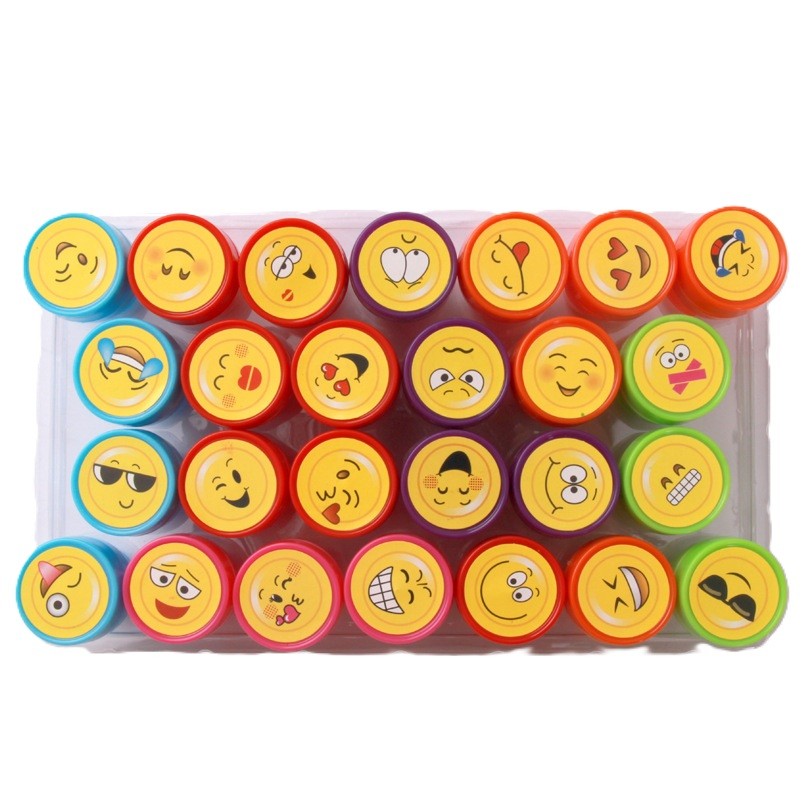 Set 26 Stampile pentru Copii, Model Emoji Fete Zambitoare, Cerneala Inclusa, Material Plastic si EVA, 4-6 Ani, Multicolor, 20 x 10 x 2 cm