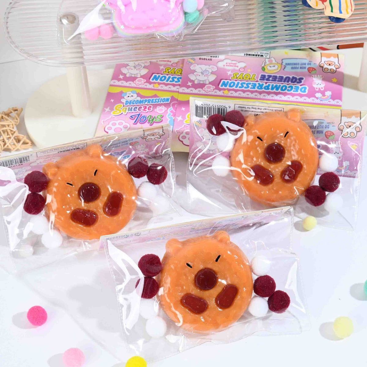 Set 12 Jucarii Antistres Squishy, Revenire Lenta, Model Capybara in Forma de Biscuit Rotund, Textura Moale Senzoriala, Maro, 7x6.5 cm