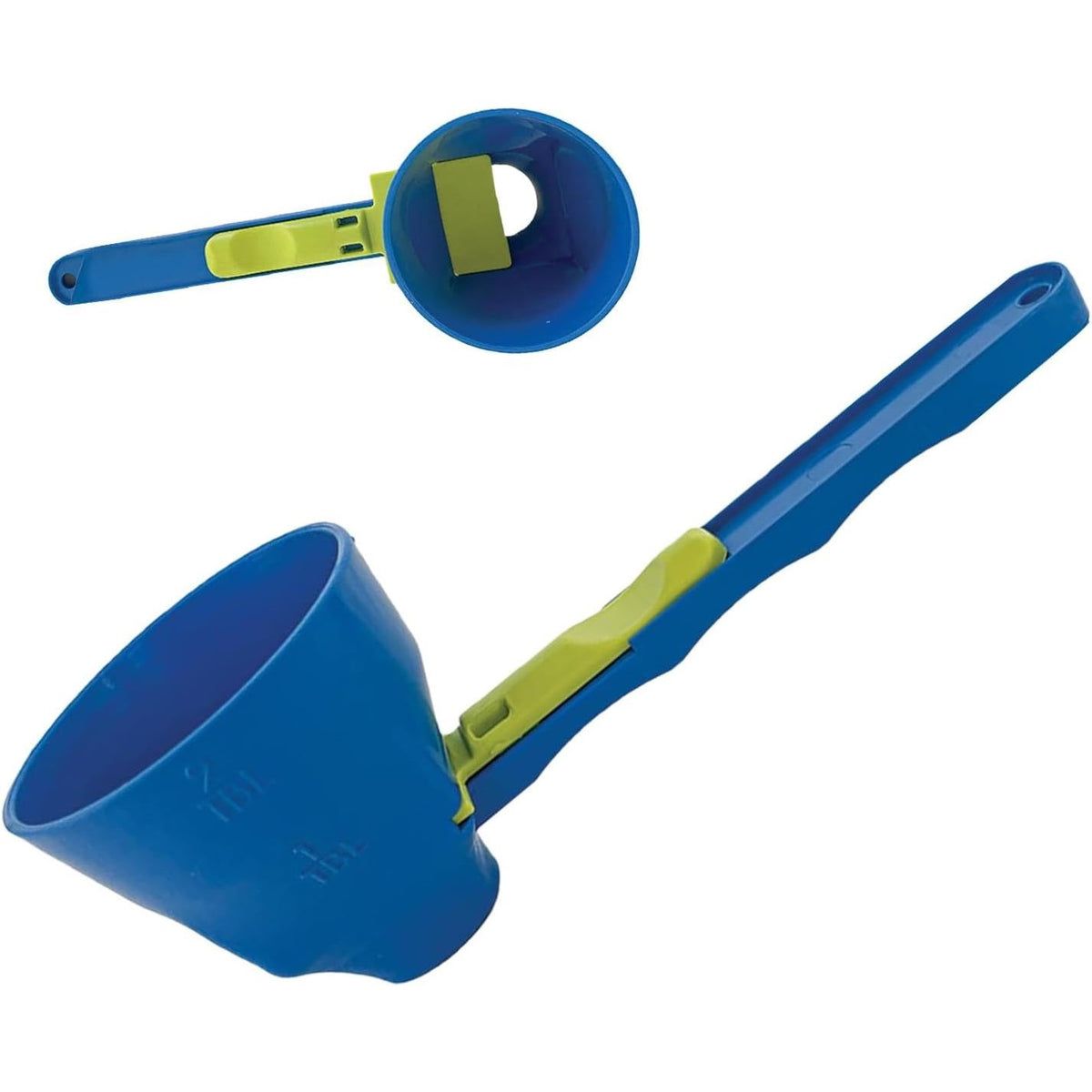 Lingura Gradata Tip Palnie, Dozator pentru Lapte Praf si Pudra Proteica, Coada Lunga pentru Recipiente Adanci, Plastic Durabil, 8 x 8 x 3 cm, Albastru/Verde