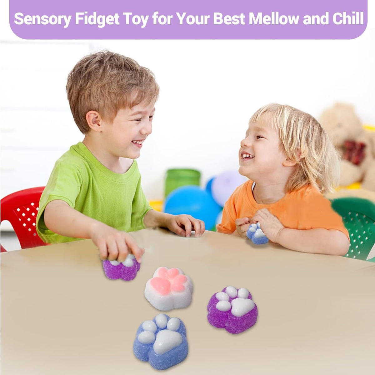 Jucarie Antistres Squishy, Labuta de Pisica Pufoasa cu Revenire Lenta, Squeeze Pinch Family pentru Relaxare si Concentrare, Silicon Moale, 6x6 cm, 72g, Mov-Alb