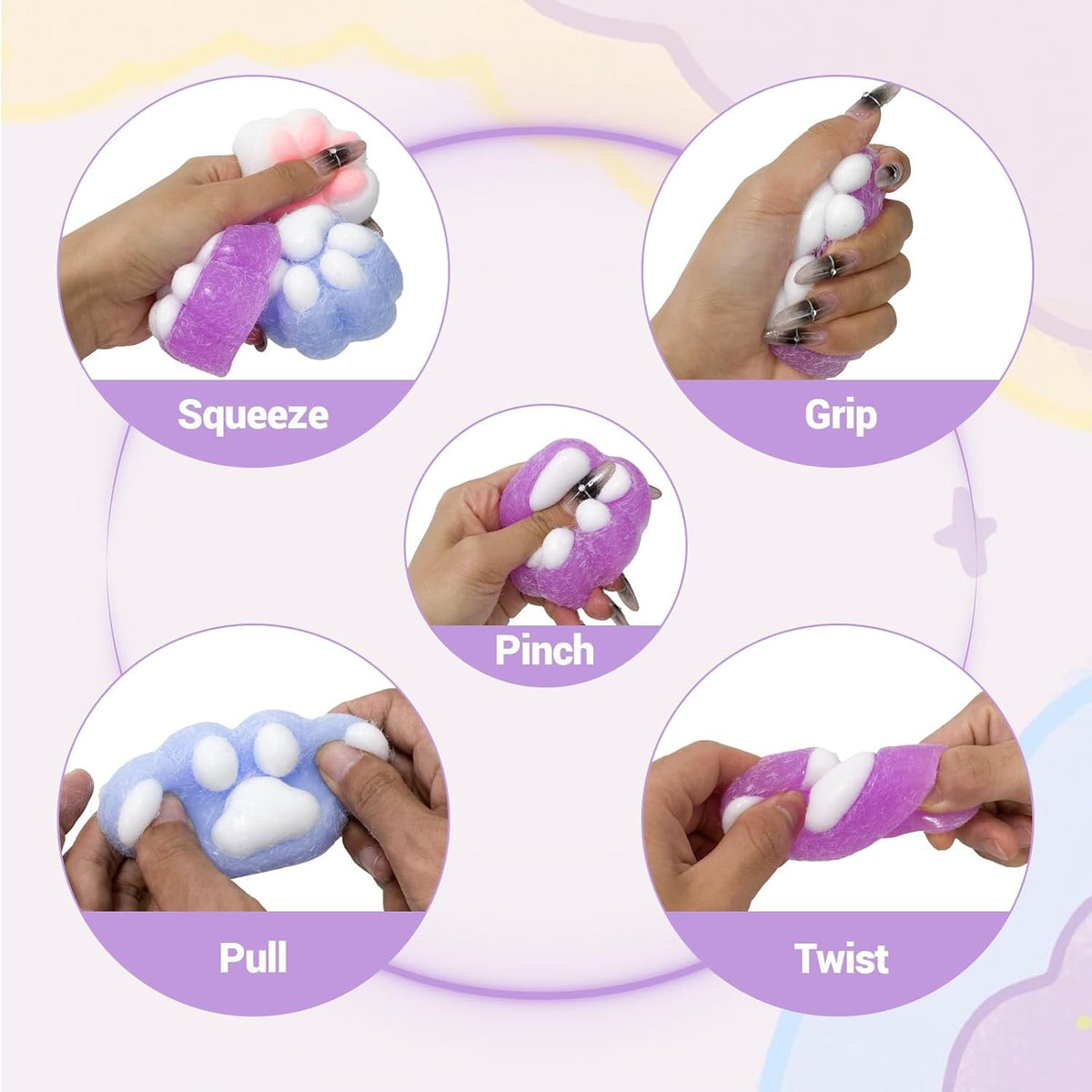Jucarie Antistres Squishy, Labuta de Pisica Pufoasa cu Revenire Lenta, Squeeze Pinch Family pentru Relaxare si Concentrare, Silicon Moale, 6x6 cm, 72g, Mov-Alb