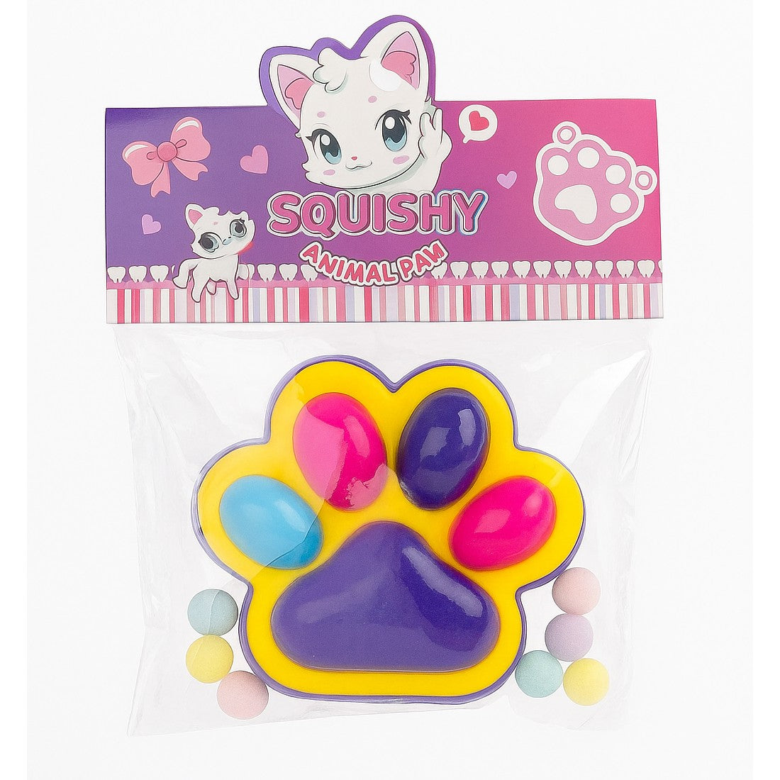 Jucarie Antistres Squishy, Model Labuta de Pisica, Textura Moale cu Revenire Lenta, Material Elastic Lavabil, Format Big 12.5 x 10.5 cm, 220 g, Mov/Galben/Rosu