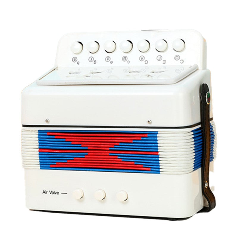 Acordeon Jucarie Pentru Copii, Instrument Muzical Educativ, 7 Butoane Note Si 2 Bass, Plastic Si Textil, 18 x 17 x 10 cm, Alb