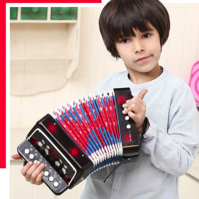 Acordeon Jucarie pentru Copii, Instrument Muzical Educativ, 7 Butoane Melodice si 3 Butoane Bas, Plastic si Burduf Flexibil, 18 x 17 x 10 cm, Negru