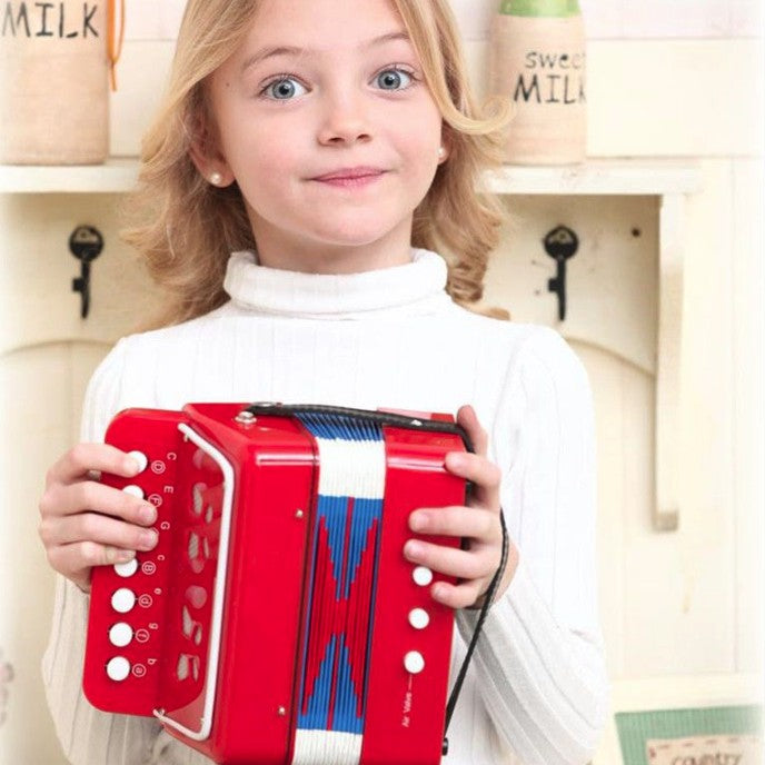 Acordeon Pentru Copii, Instrument Muzical Jucarie Pentru Educatie Timpurie, 7 Butoane Nota Si 2 Bass, Burduf Functional, 18 x 17 x 10 cm, Rosu
