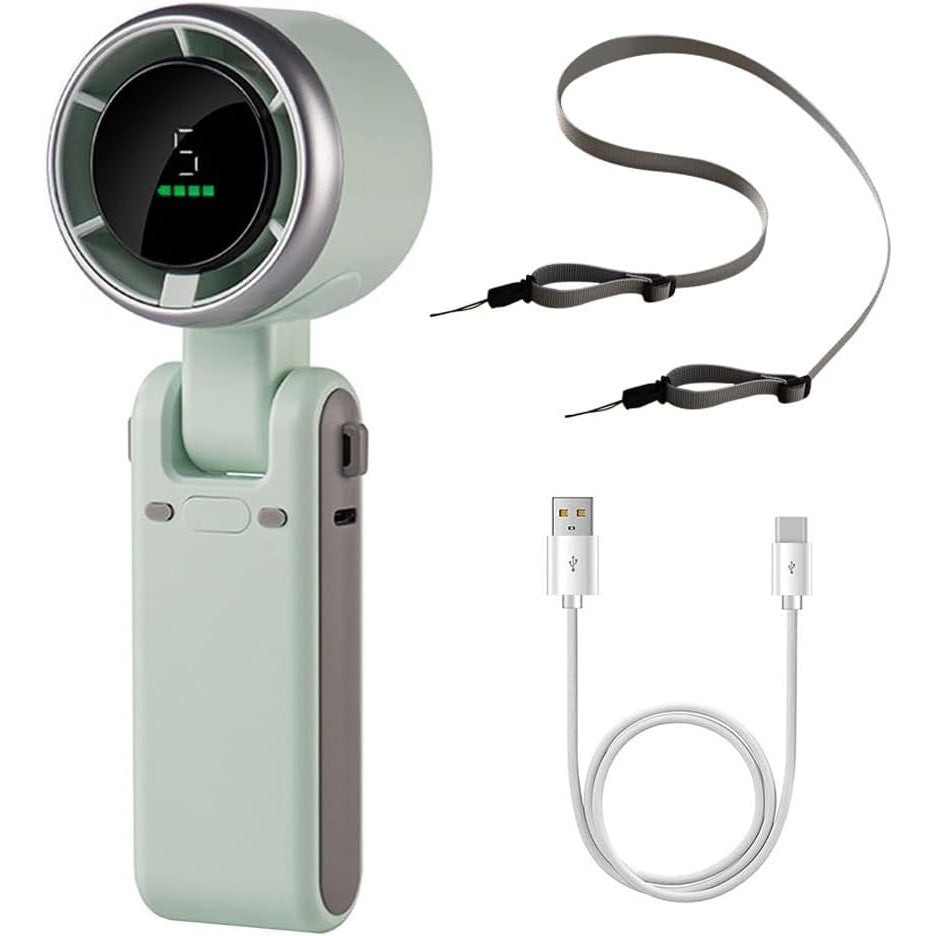 Mini Ventilator Portabil, 5 Trepte De Viteza, Afisaj Digital HD, Unghi Reglabil 180 Grade, Incarcare USB Type-C, Plastic, 5.95 x 5.2 x 17.2 cm, Verde
