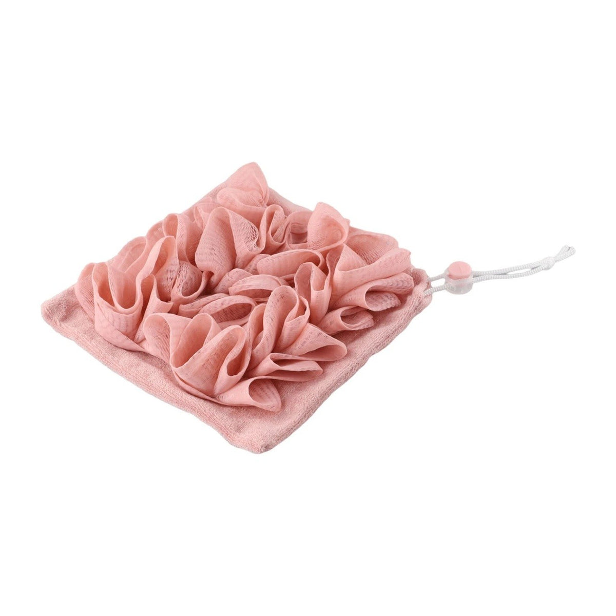Prosop de Baie 2 în 1 cu Burete din Plasă, Față Dublă pentru Exfoliere și Spumare, Material PE și Textil Terry, cu Șnur de Agățat, 17 x 17 cm, Roz/Alb