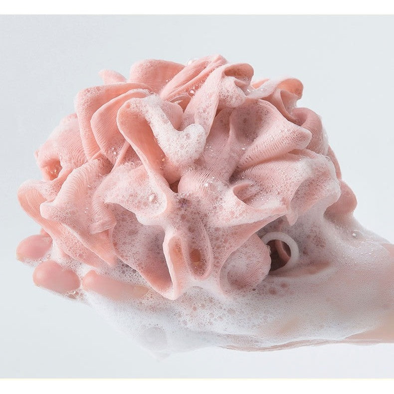 Prosop de Baie 2 în 1 cu Burete din Plasă, Față Dublă pentru Exfoliere și Spumare, Material PE și Textil Terry, cu Șnur de Agățat, 17 x 17 cm, Roz/Alb