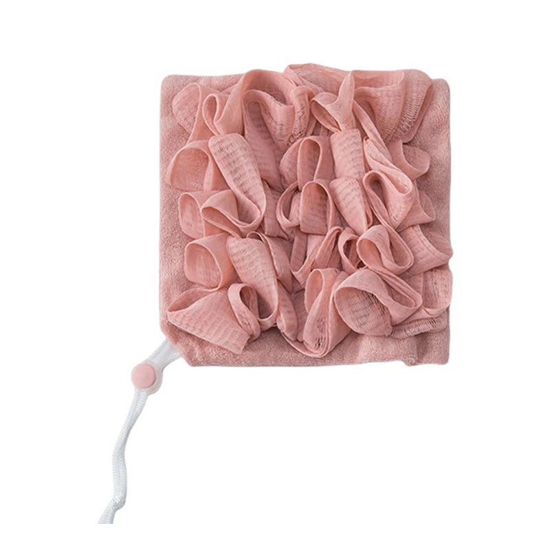 Prosop de Baie 2 în 1 cu Burete din Plasă, Față Dublă pentru Exfoliere și Spumare, Material PE și Textil Terry, cu Șnur de Agățat, 17 x 17 cm, Roz/Alb