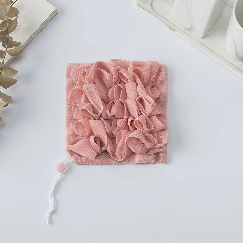 Prosop de Baie 2 în 1 cu Burete din Plasă, Față Dublă pentru Exfoliere și Spumare, Material PE și Textil Terry, cu Șnur de Agățat, 17 x 17 cm, Roz/Alb