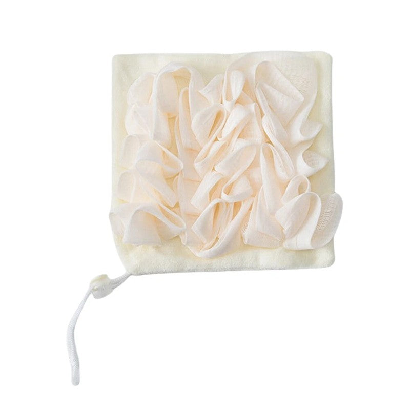 Prosop de Baie 2 in 1 cu Burete din Plasa, Manusa Duala pentru Curatare si Exfoliere, Material Terry si PE, Snur de Agatare, 17 x 17 cm, Alb/Bej