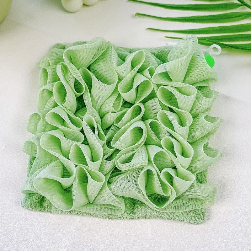 Prosop de Baie 2 in 1 cu Burete din Plasa, Curatare si Exfoliere Fata-Verso, Material PE si Tesatura Terry, 17 x 17 cm, Verde